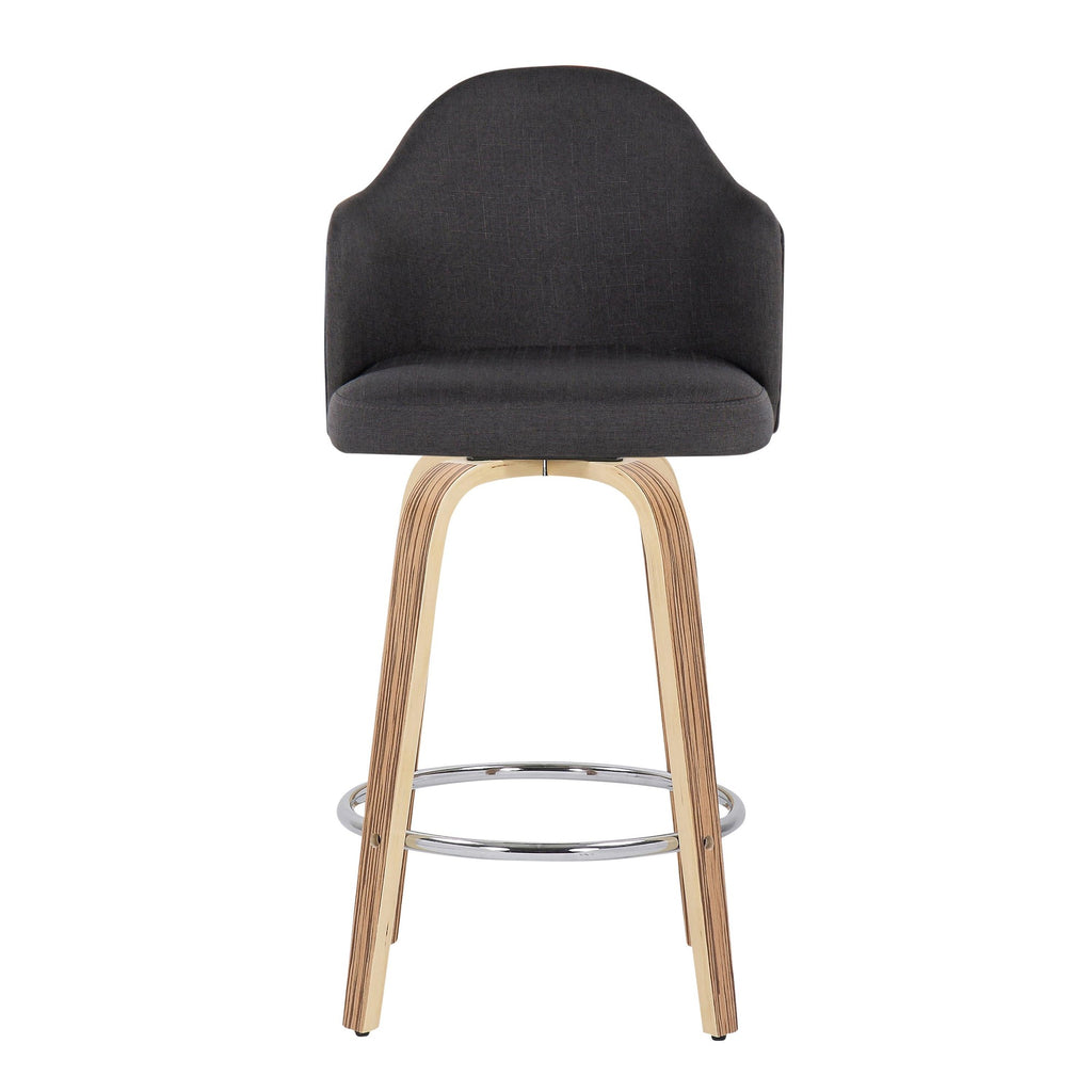Ahoy 26" Fixed-Height Counter Stool - Set of 2 - Zebra Wood, Chrome, Charcoal Fabric