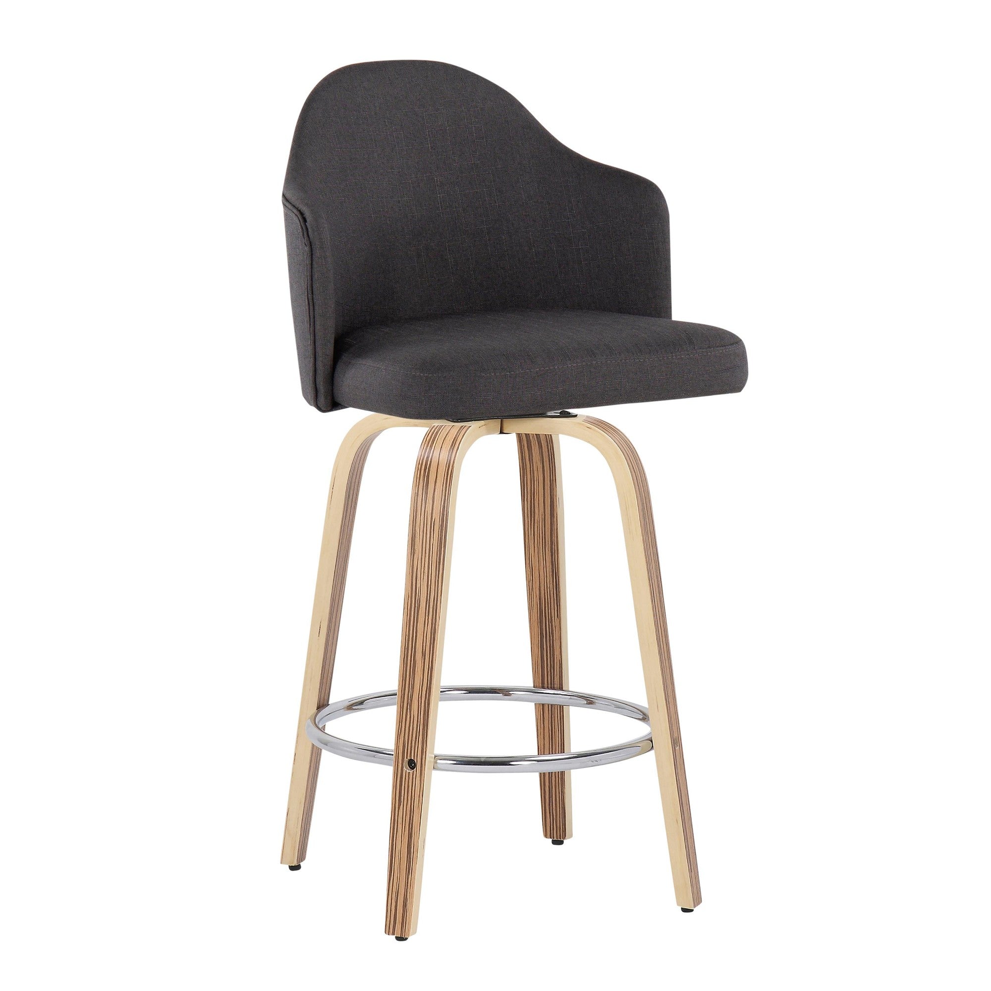 Ahoy 26" Fixed-Height Counter Stool - Set of 2 - Zebra Wood, Chrome, Charcoal Fabric