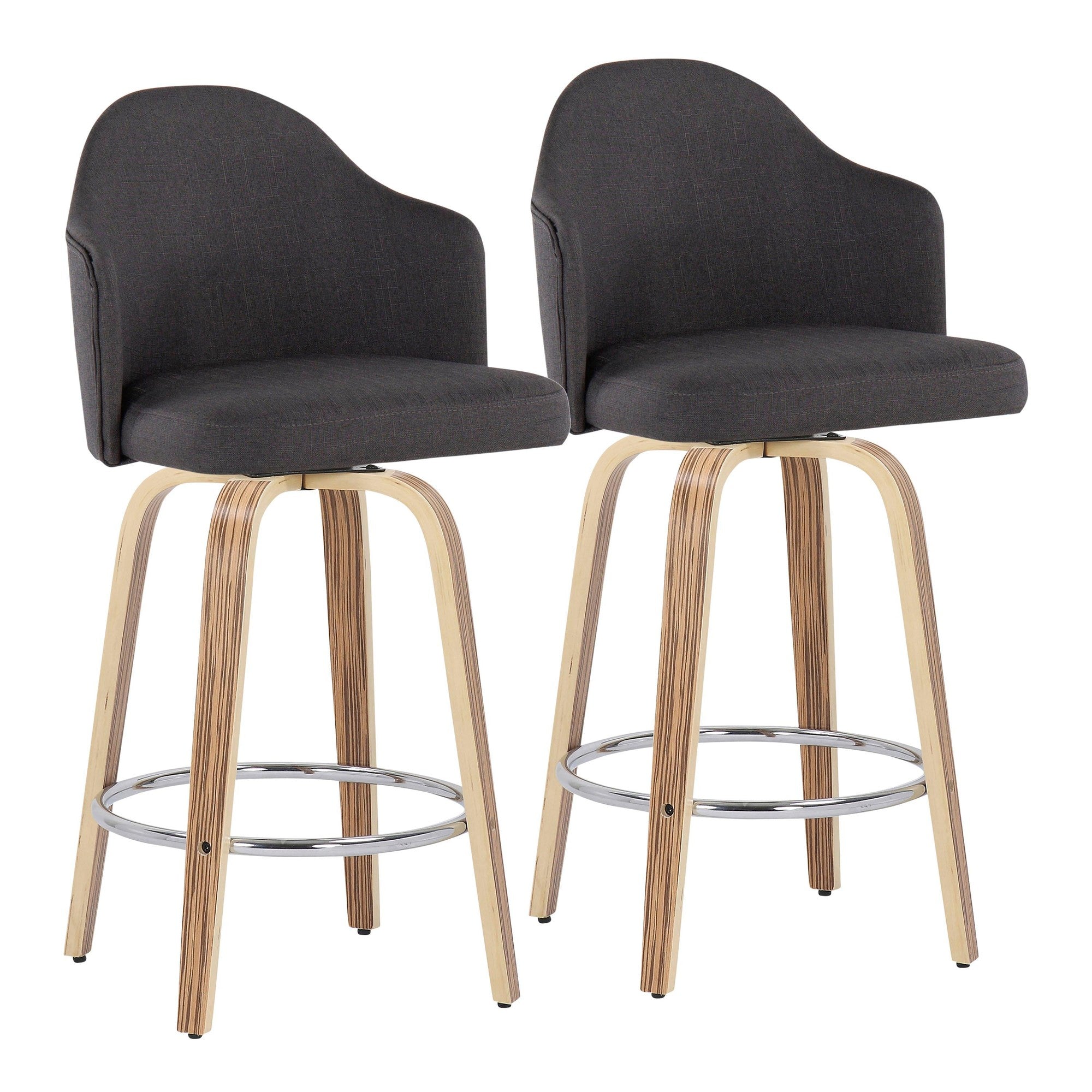Ahoy 26" Fixed-Height Counter Stool - Set of 2 - Zebra Wood, Chrome, Charcoal Fabric