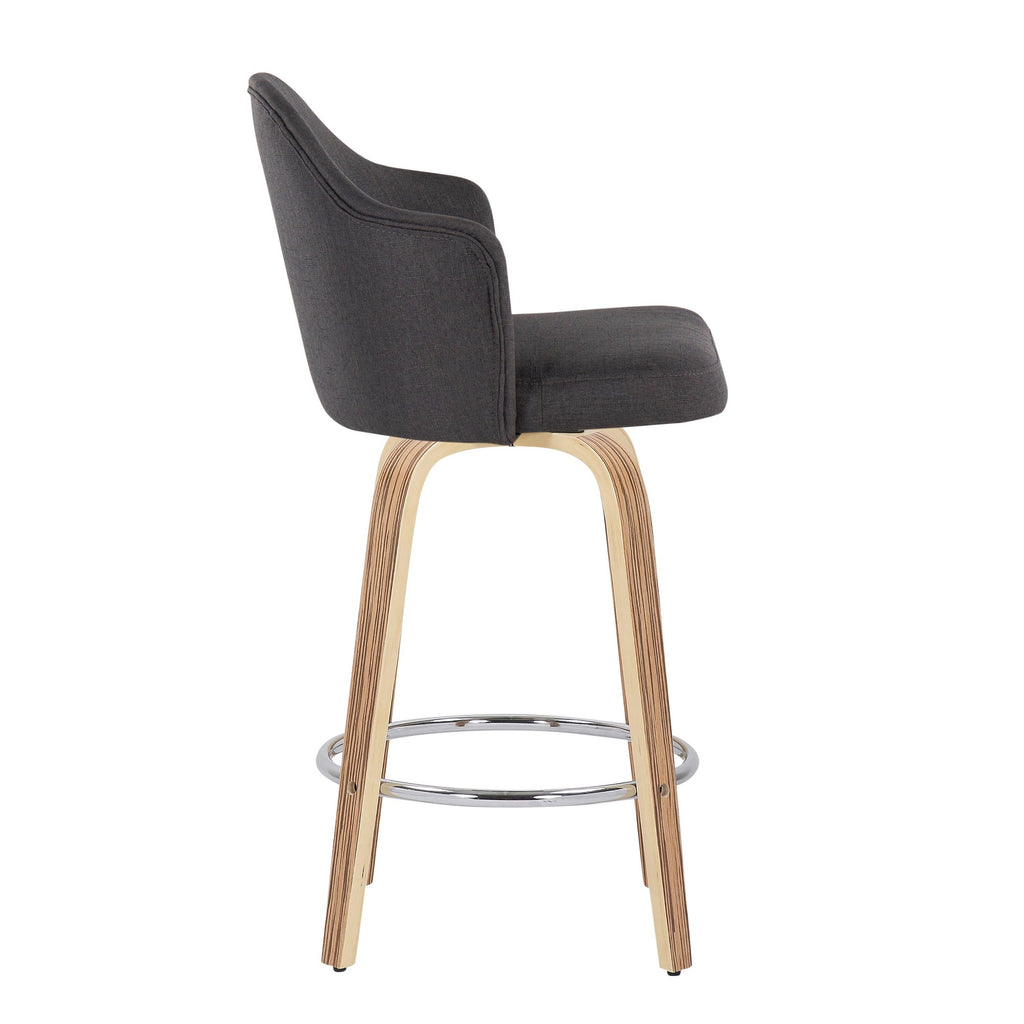 Ahoy 26" Fixed-Height Counter Stool - Set of 2 - Zebra Wood, Chrome, Charcoal Fabric