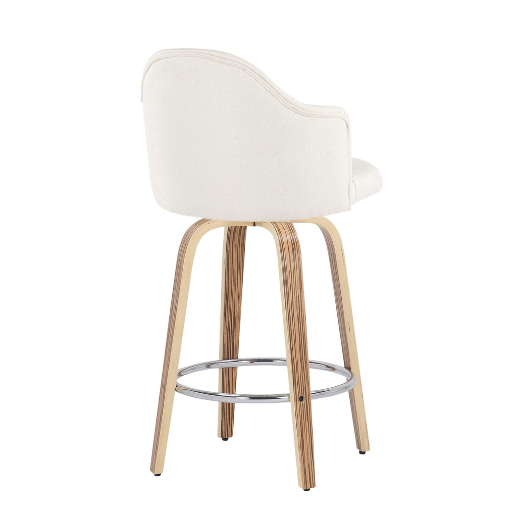 Ahoy 26" Fixed-Height Counter Stool - Set of 2 - Zebra Wood, Chrome, Cream Fabric