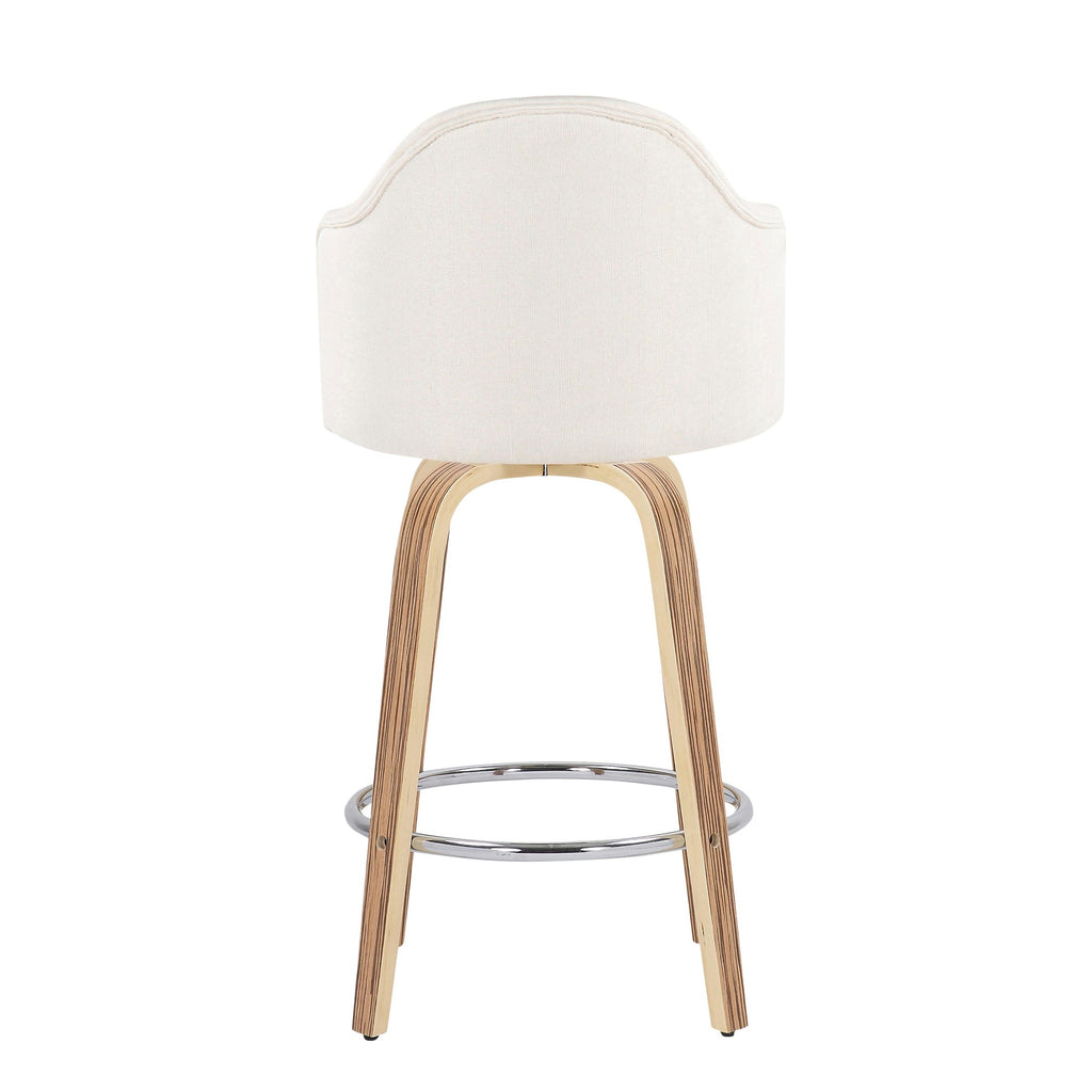 Ahoy 26" Fixed-Height Counter Stool - Set of 2 - Zebra Wood, Chrome, Cream Fabric