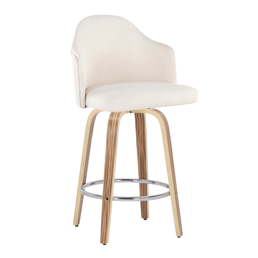Ahoy 26" Fixed-Height Counter Stool - Set of 2 - Zebra Wood, Chrome, Cream Fabric