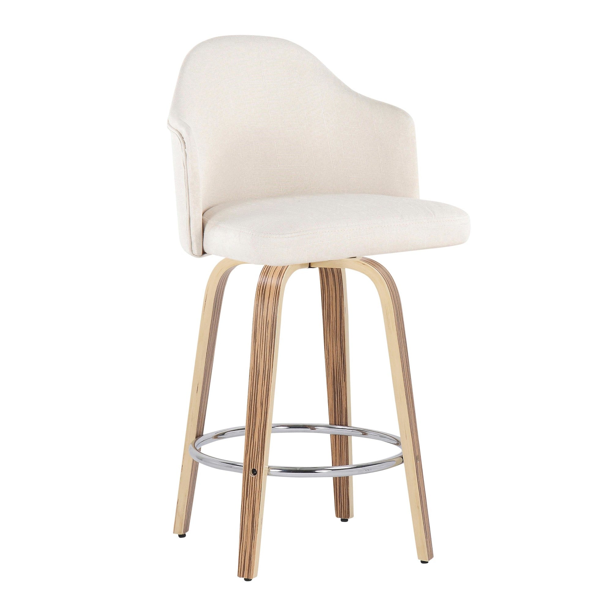 Ahoy 26" Fixed-Height Counter Stool - Set of 2 - Zebra Wood, Chrome, Cream Fabric