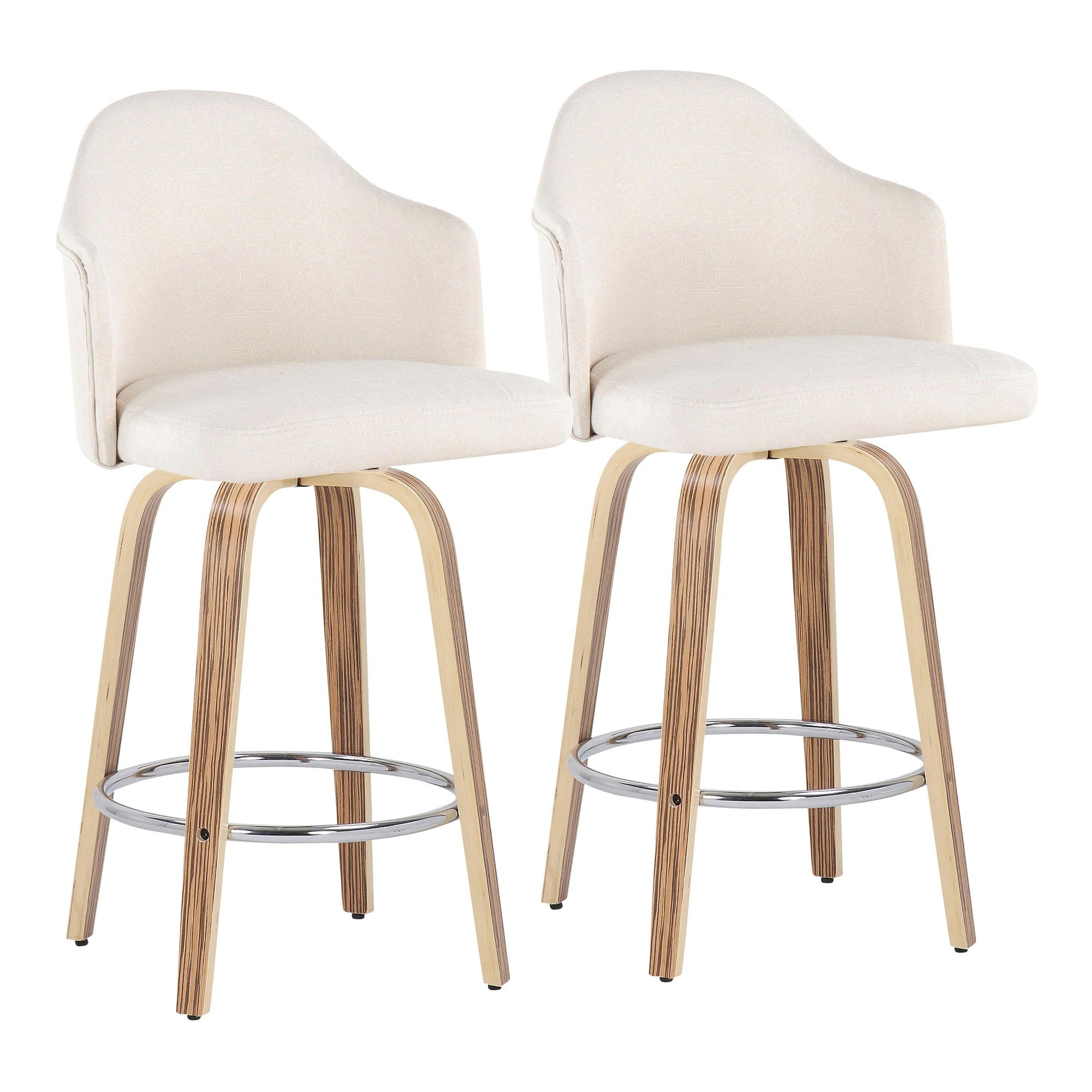 Ahoy 26" Fixed-Height Counter Stool - Set of 2 - Zebra Wood, Chrome, Cream Fabric