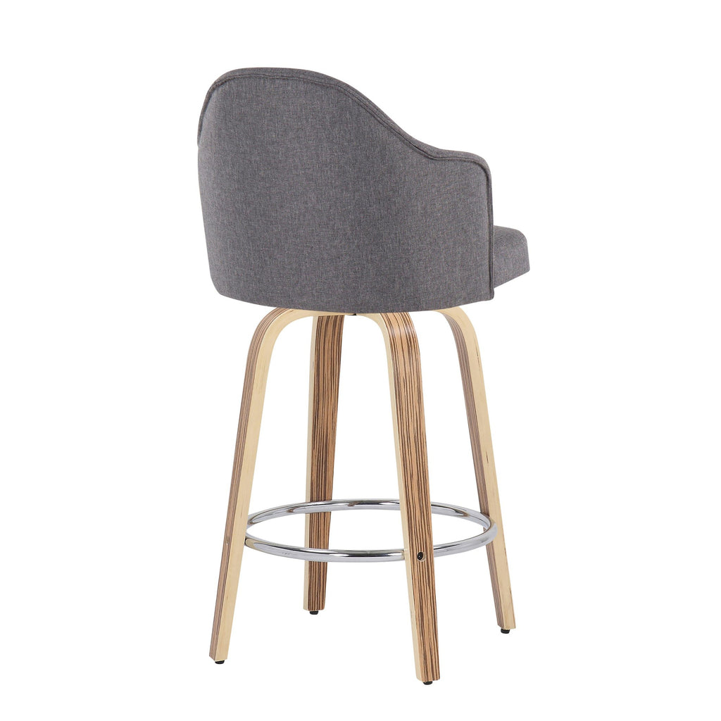 Ahoy 26" Fixed-Height Counter Stool - Set of 2 - Zebra Wood, Chrome, Grey Fabric
