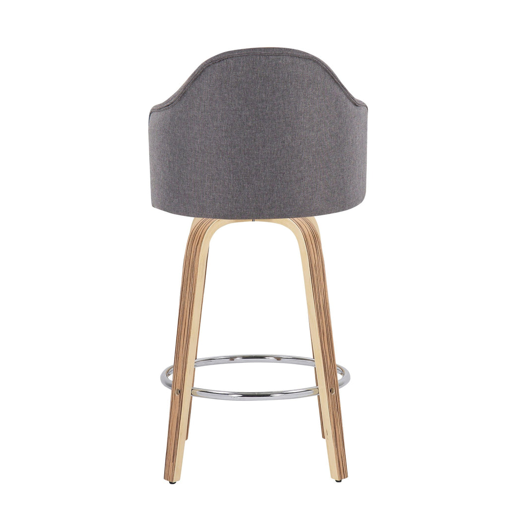 Ahoy 26" Fixed-Height Counter Stool - Set of 2 - Zebra Wood, Chrome, Grey Fabric
