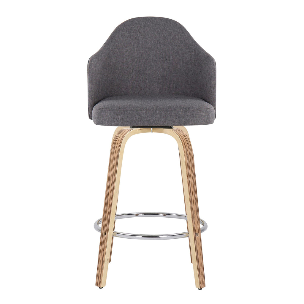 Ahoy 26" Fixed-Height Counter Stool - Set of 2 - Zebra Wood, Chrome, Grey Fabric