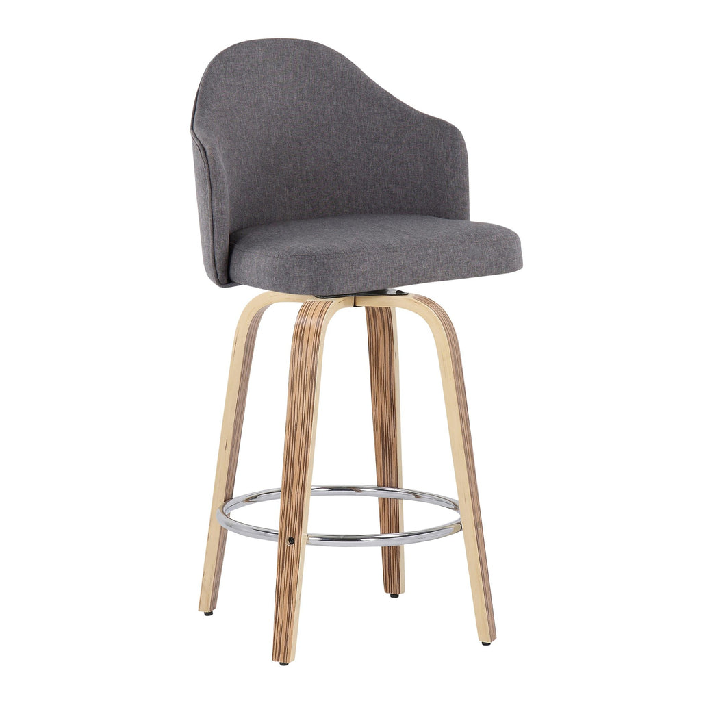 Ahoy 26" Fixed-Height Counter Stool - Set of 2 - Zebra Wood, Chrome, Grey Fabric