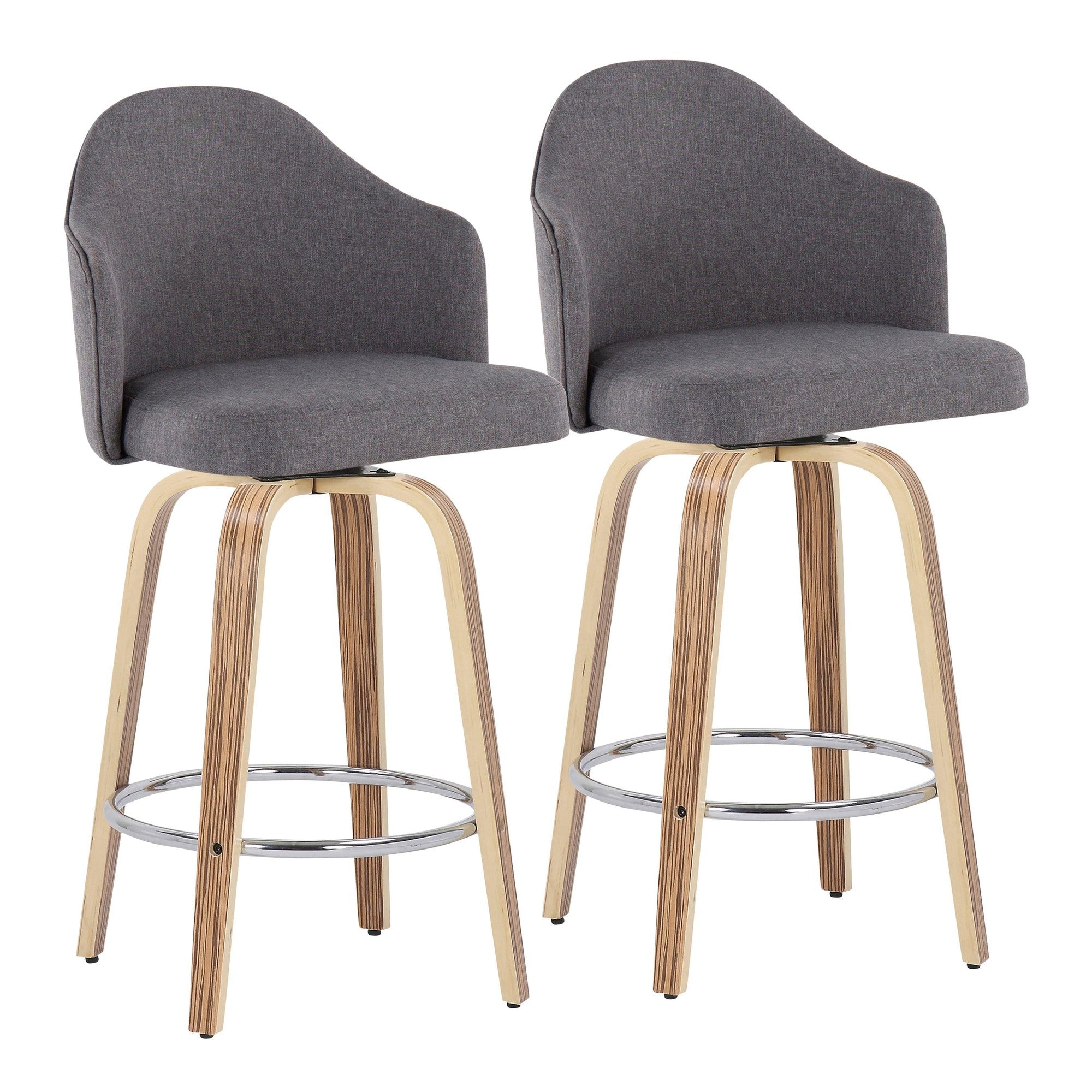Ahoy 26" Fixed-Height Counter Stool - Set of 2 - Zebra Wood, Chrome, Grey Fabric