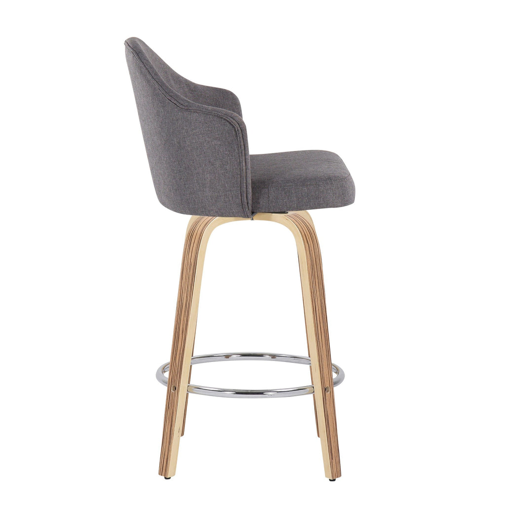 Ahoy 26" Fixed-Height Counter Stool - Set of 2 - Zebra Wood, Chrome, Grey Fabric