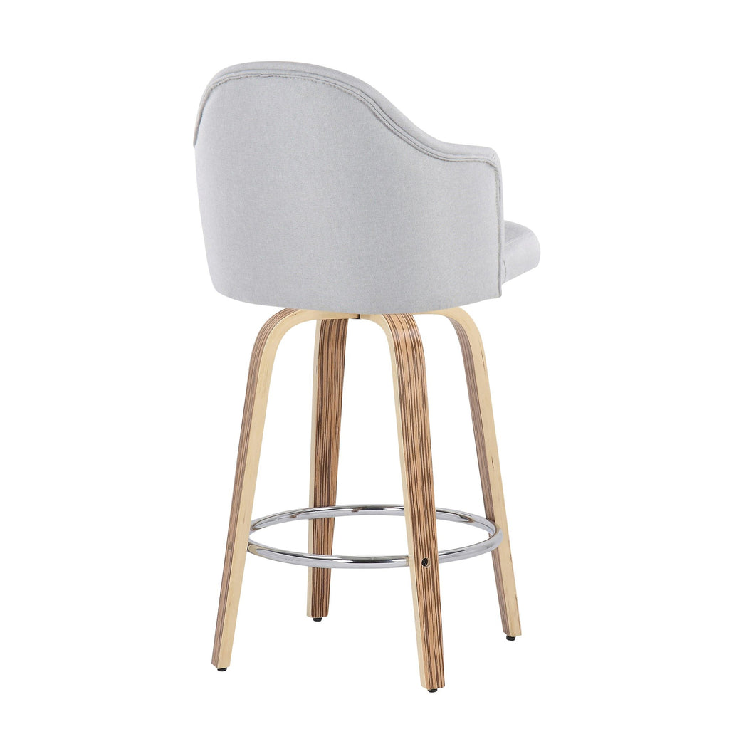 Ahoy 26" Fixed-Height Counter Stool - Set of 2 - Zebra Wood, Chrome, Light Grey Fabric