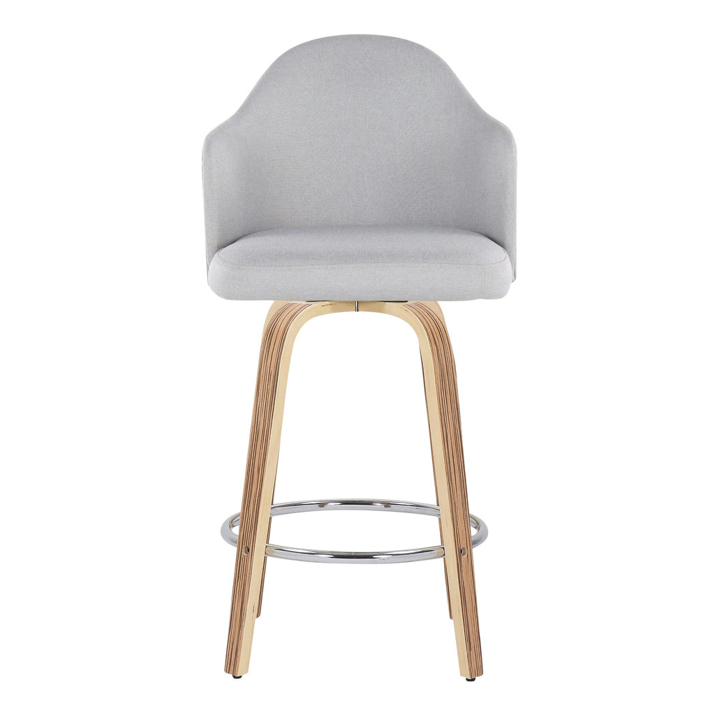 Ahoy 26" Fixed-Height Counter Stool - Set of 2 - Zebra Wood, Chrome, Light Grey Fabric