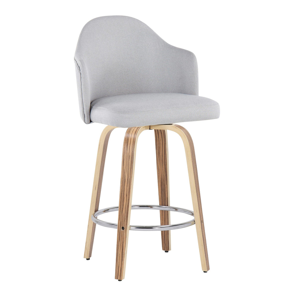 Ahoy 26" Fixed-Height Counter Stool - Set of 2 - Zebra Wood, Chrome, Light Grey Fabric