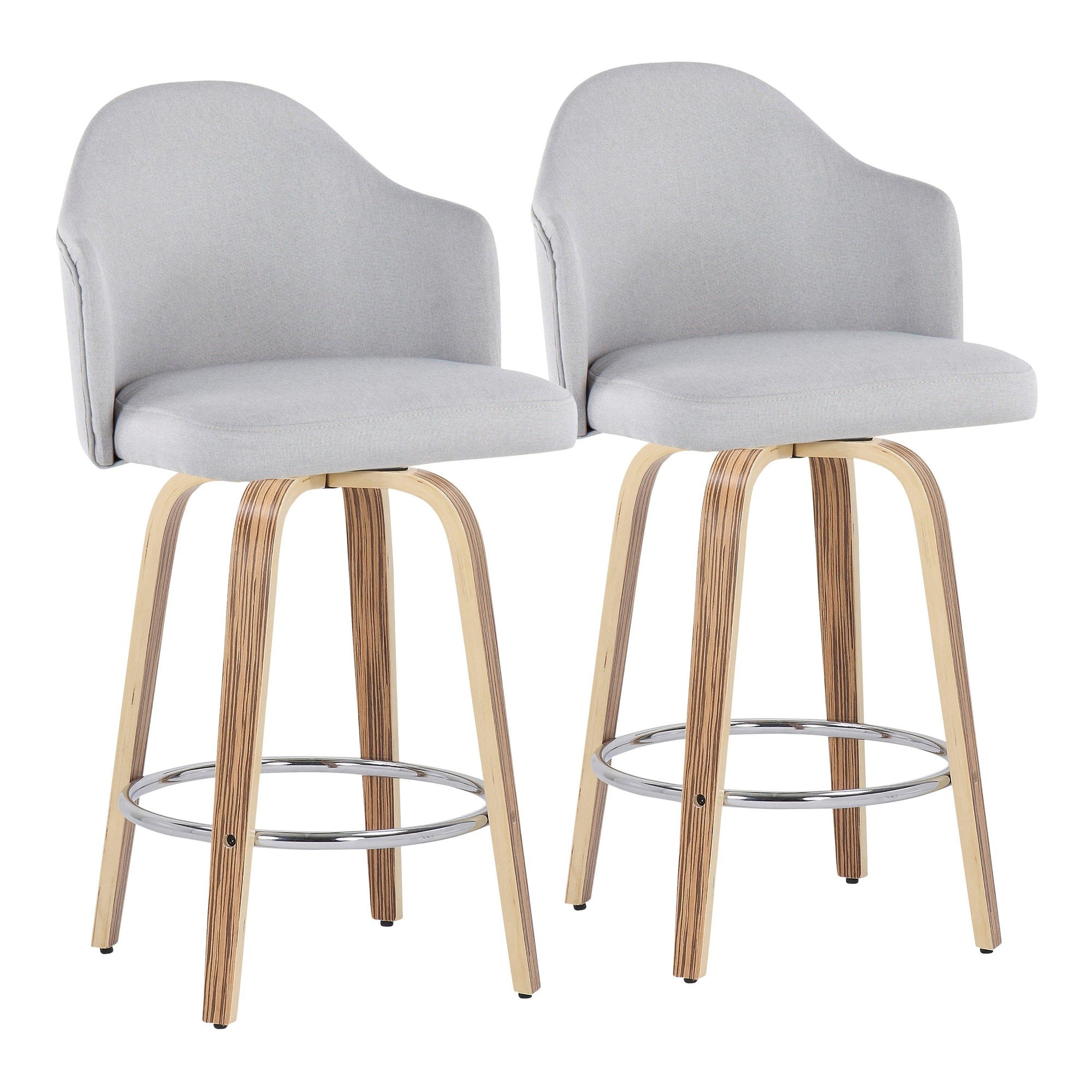 Ahoy 26" Fixed-Height Counter Stool - Set of 2 - Zebra Wood, Chrome, Light Grey Fabric