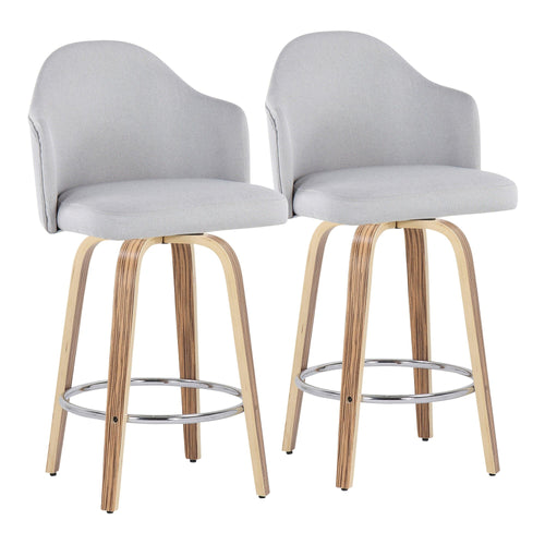 Ahoy 26" Fixed-Height Counter Stool - Set of 2 - Zebra Wood, Chrome, Light Grey Fabric