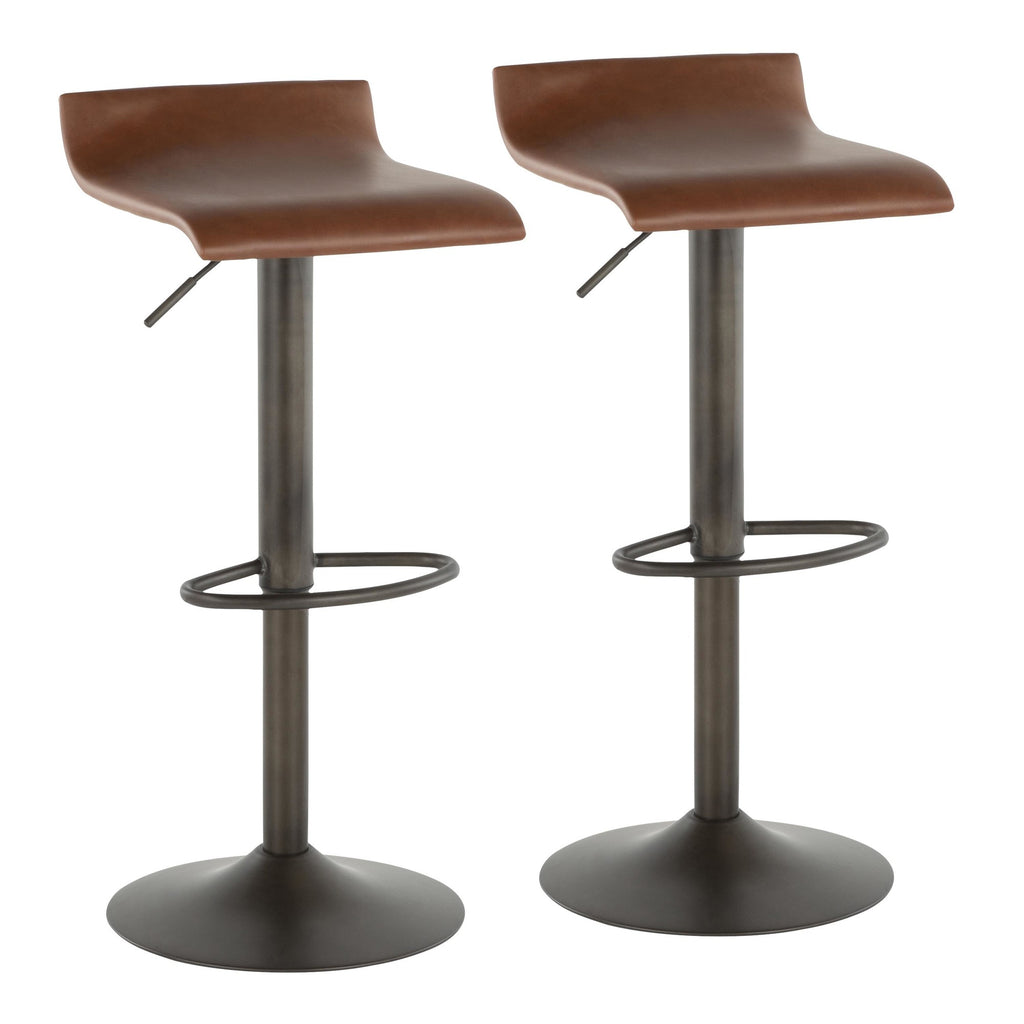 Ale Adjustable Barstool - Set of 2 - Antique Metal, Brown PU