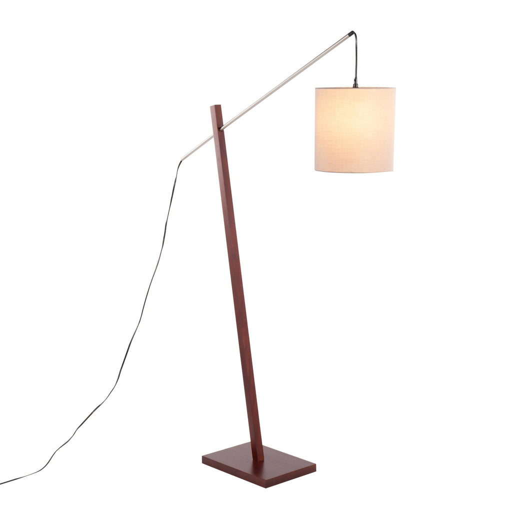 Arturo Floor Lamp - Walnut Wood, Satin Nickel, Grey Fabric
