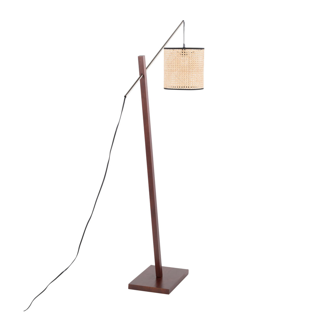 Arturo Floor Lamp - Walnut Wood, Satin Nickel, Rattan