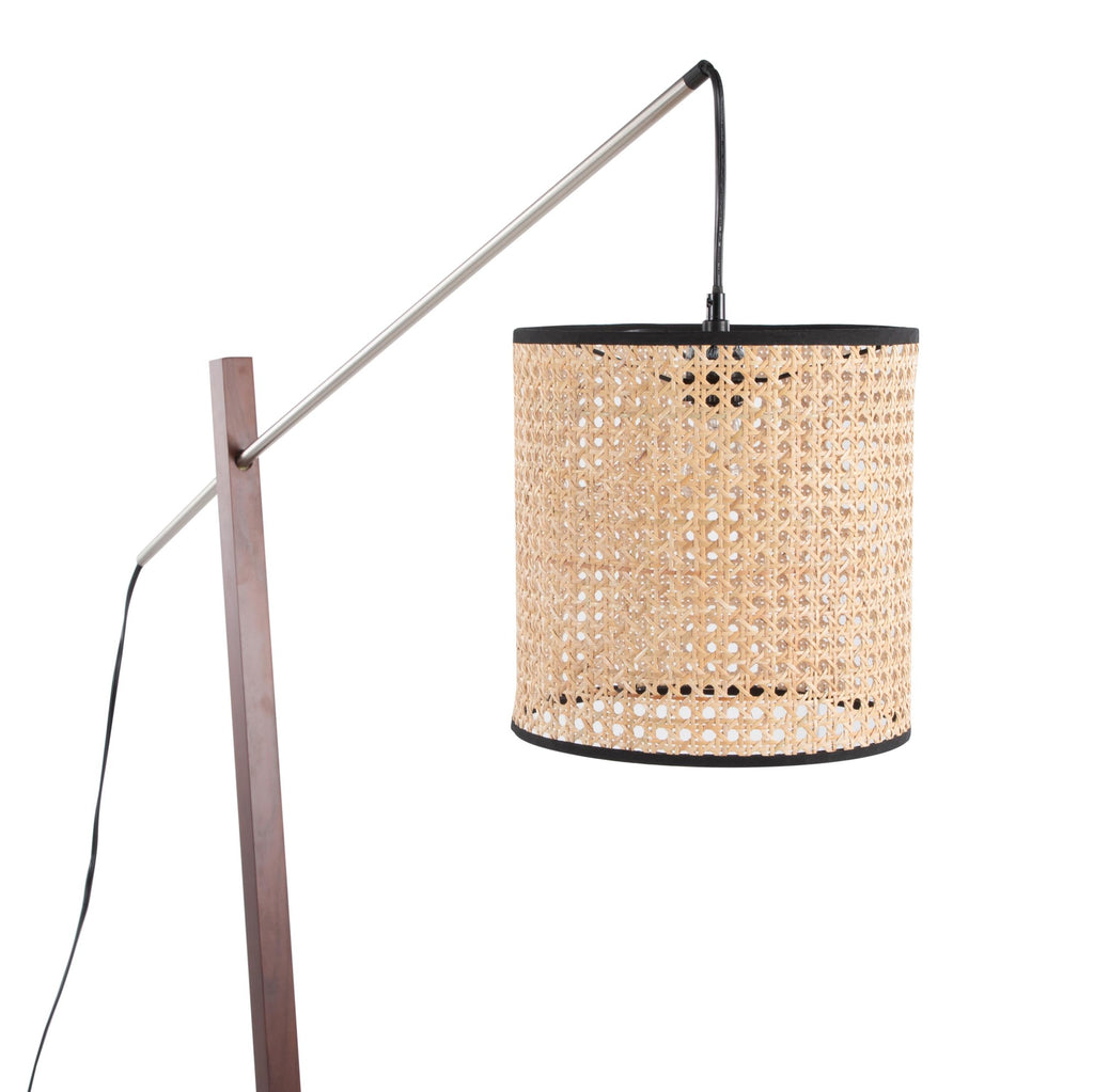 Arturo Floor Lamp - Walnut Wood, Satin Nickel, Rattan