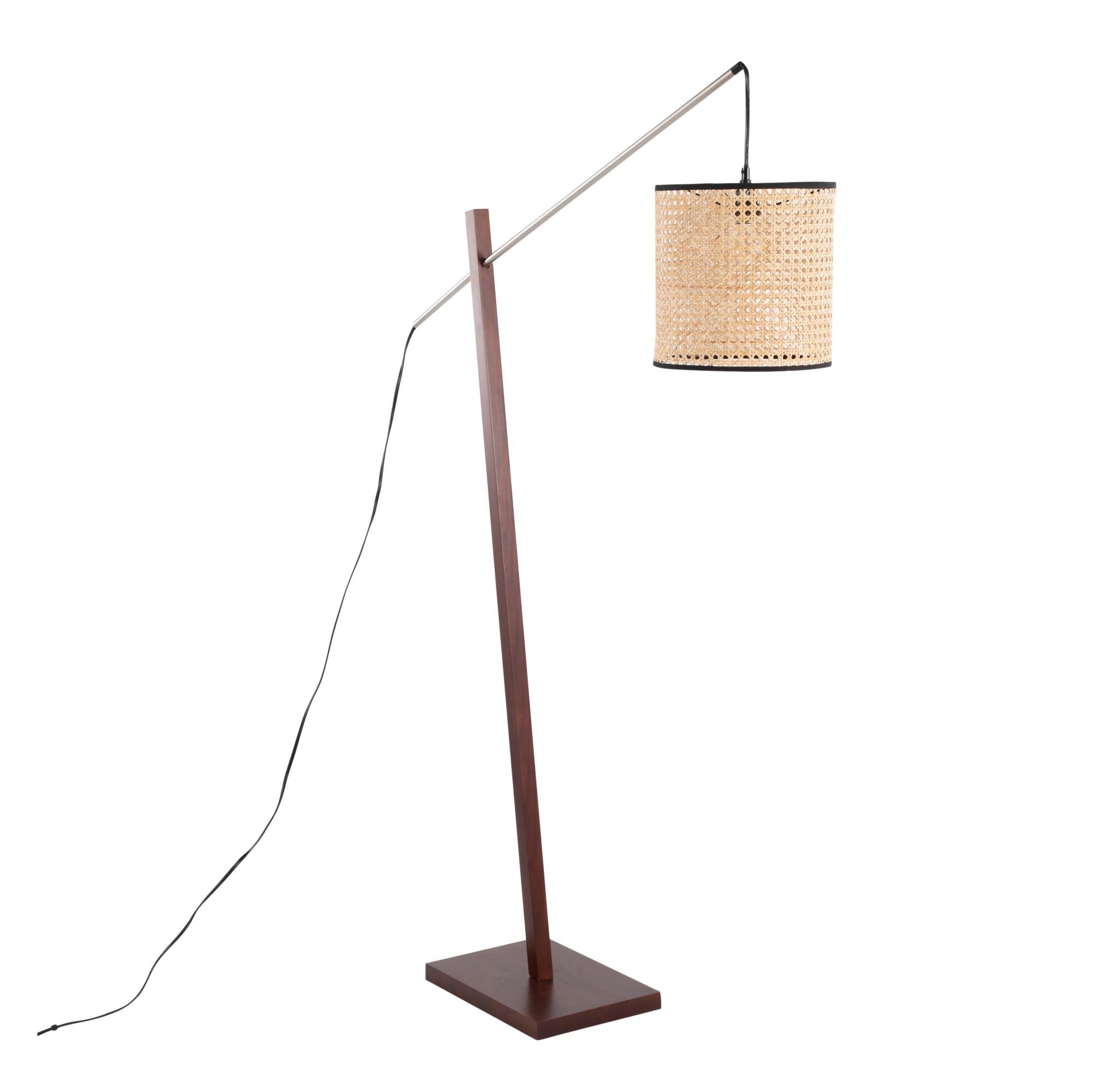 Arturo Floor Lamp - Walnut Wood, Satin Nickel, Rattan
