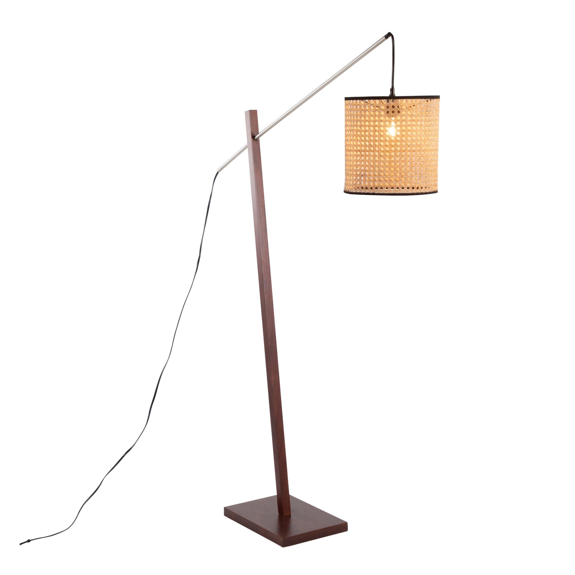 Arturo Floor Lamp - Walnut Wood, Satin Nickel, Rattan
