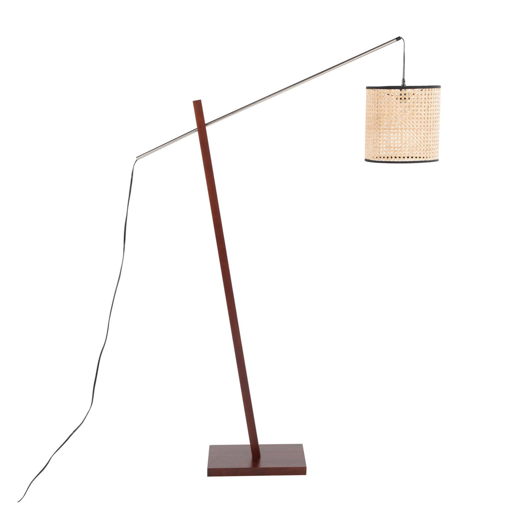 Arturo Floor Lamp - Walnut Wood, Satin Nickel, Rattan