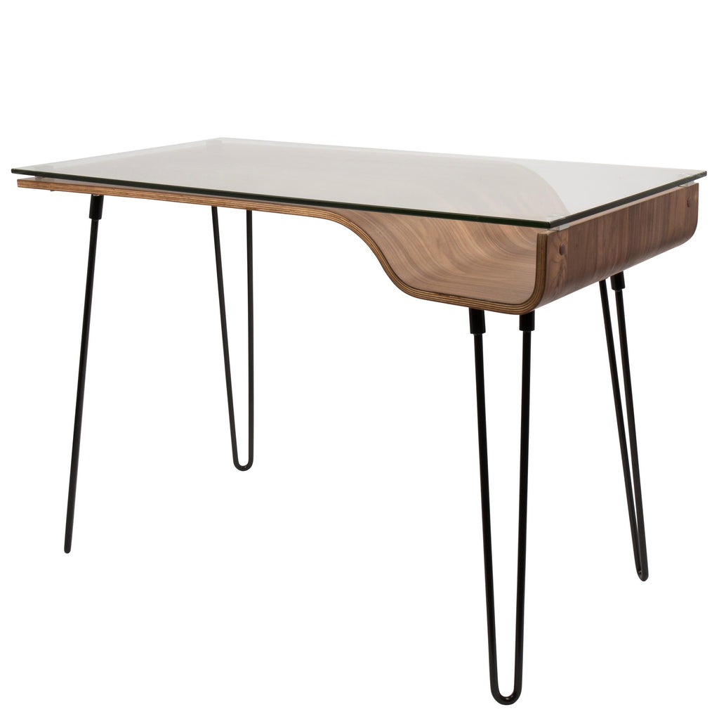 Avery Desk - Black Metal, Walnut Wood, Clear Glass