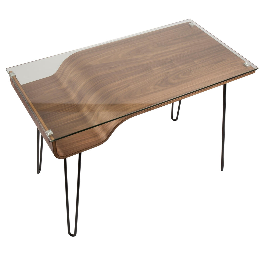 Avery Desk - Black Metal, Walnut Wood, Clear Glass