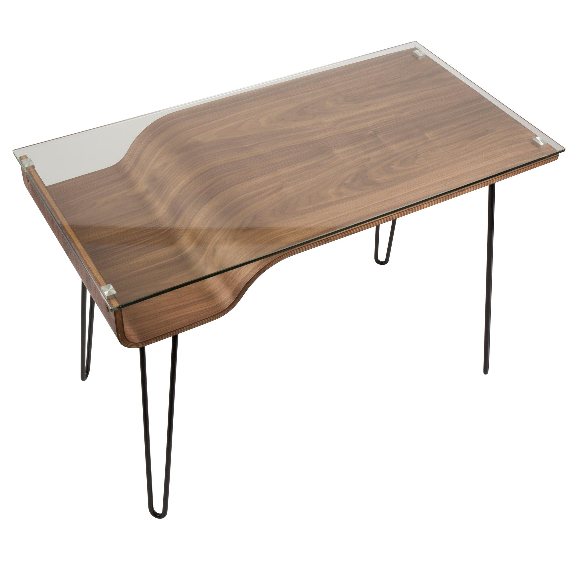 Avery Desk - Black Metal, Walnut Wood, Clear Glass