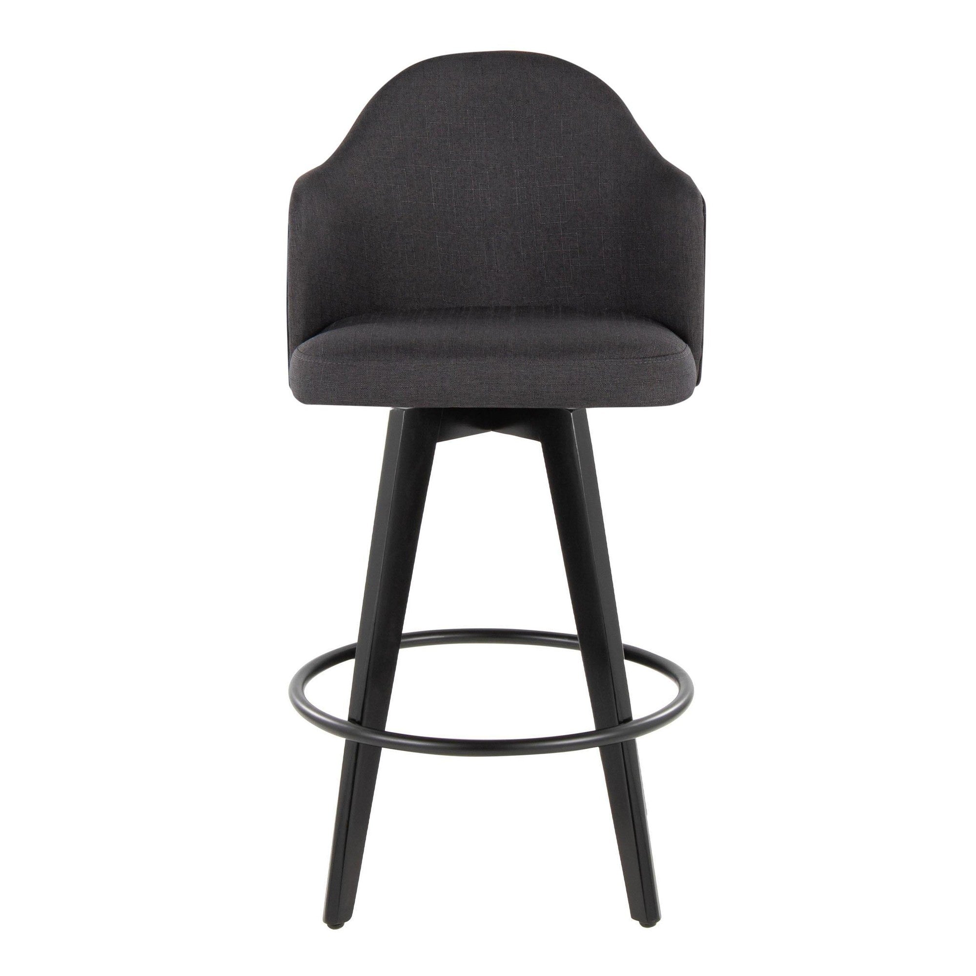 Ahoy 26" Fixed-Height Counter Stool - Set of 2 - Black Bamboo, Charcoal Fabric, Black Metal