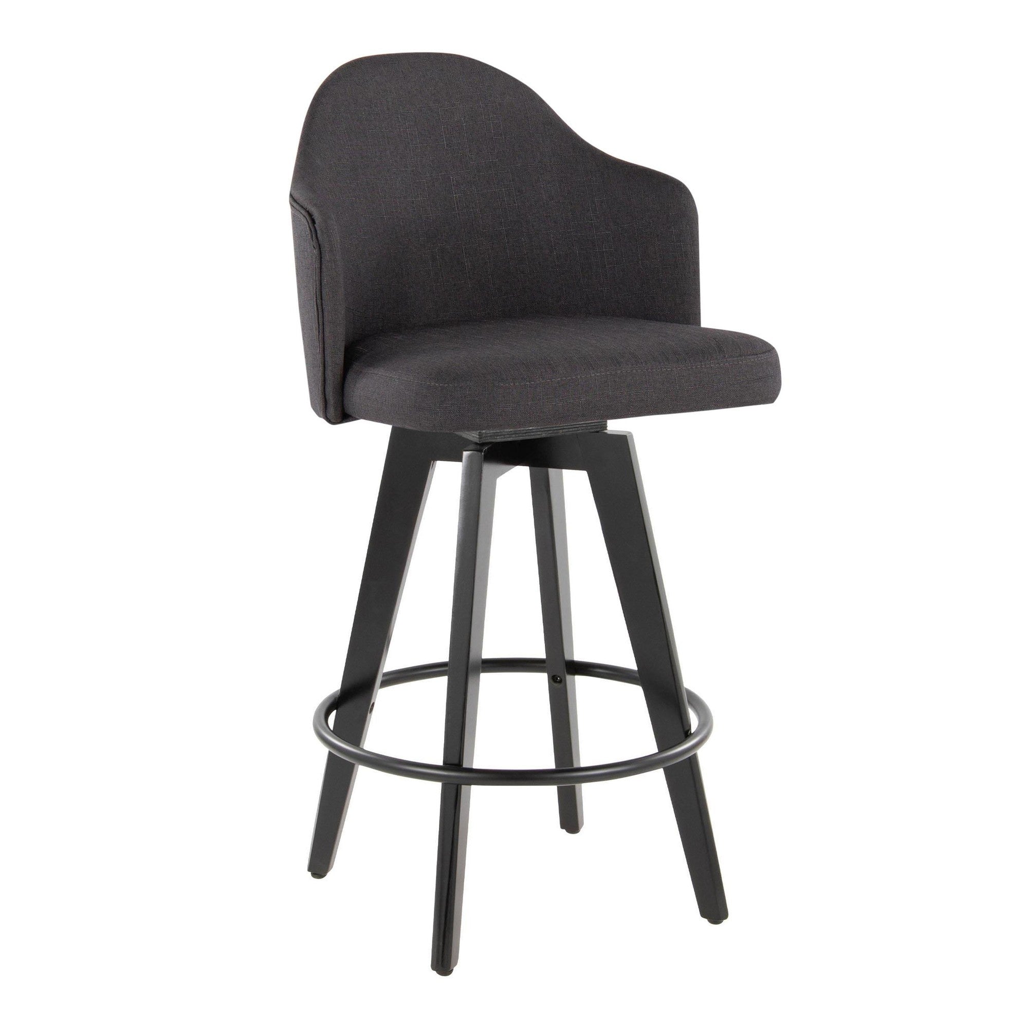 Ahoy 26" Fixed-Height Counter Stool - Set of 2 - Black Bamboo, Charcoal Fabric, Black Metal
