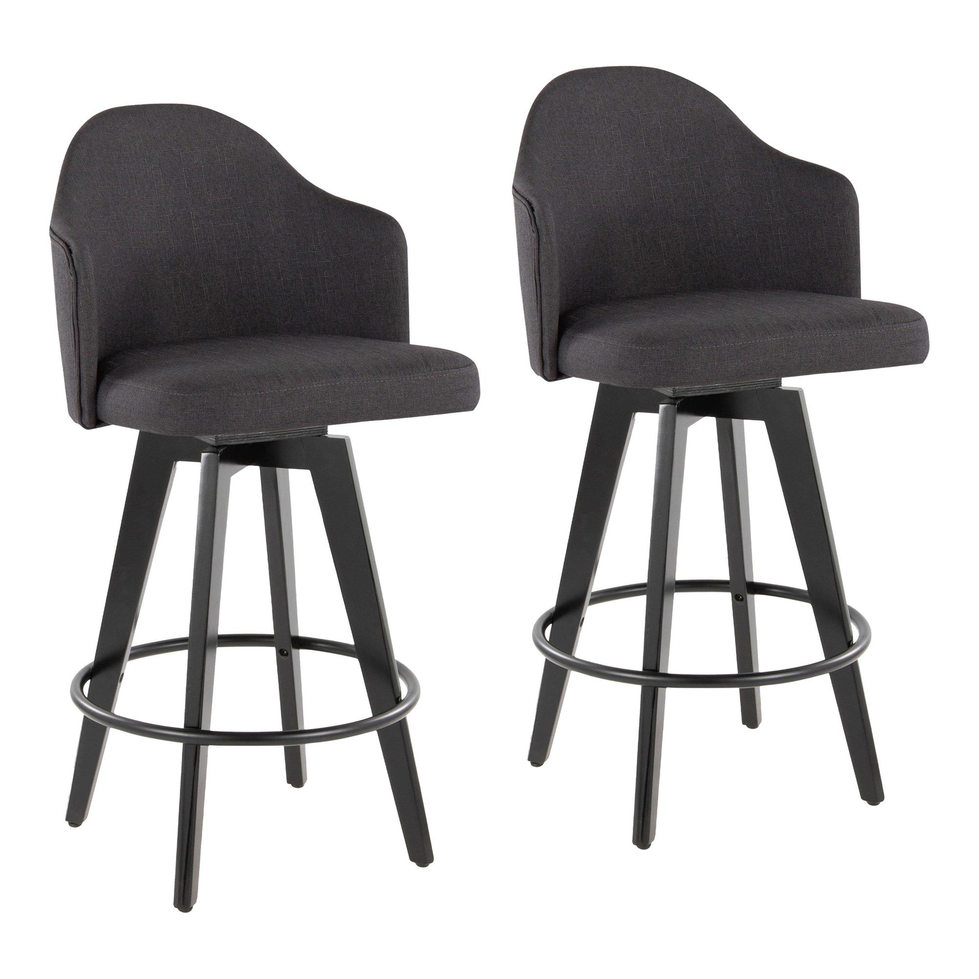 Ahoy 26" Fixed-Height Counter Stool - Set of 2 - Black Bamboo, Charcoal Fabric, Black Metal