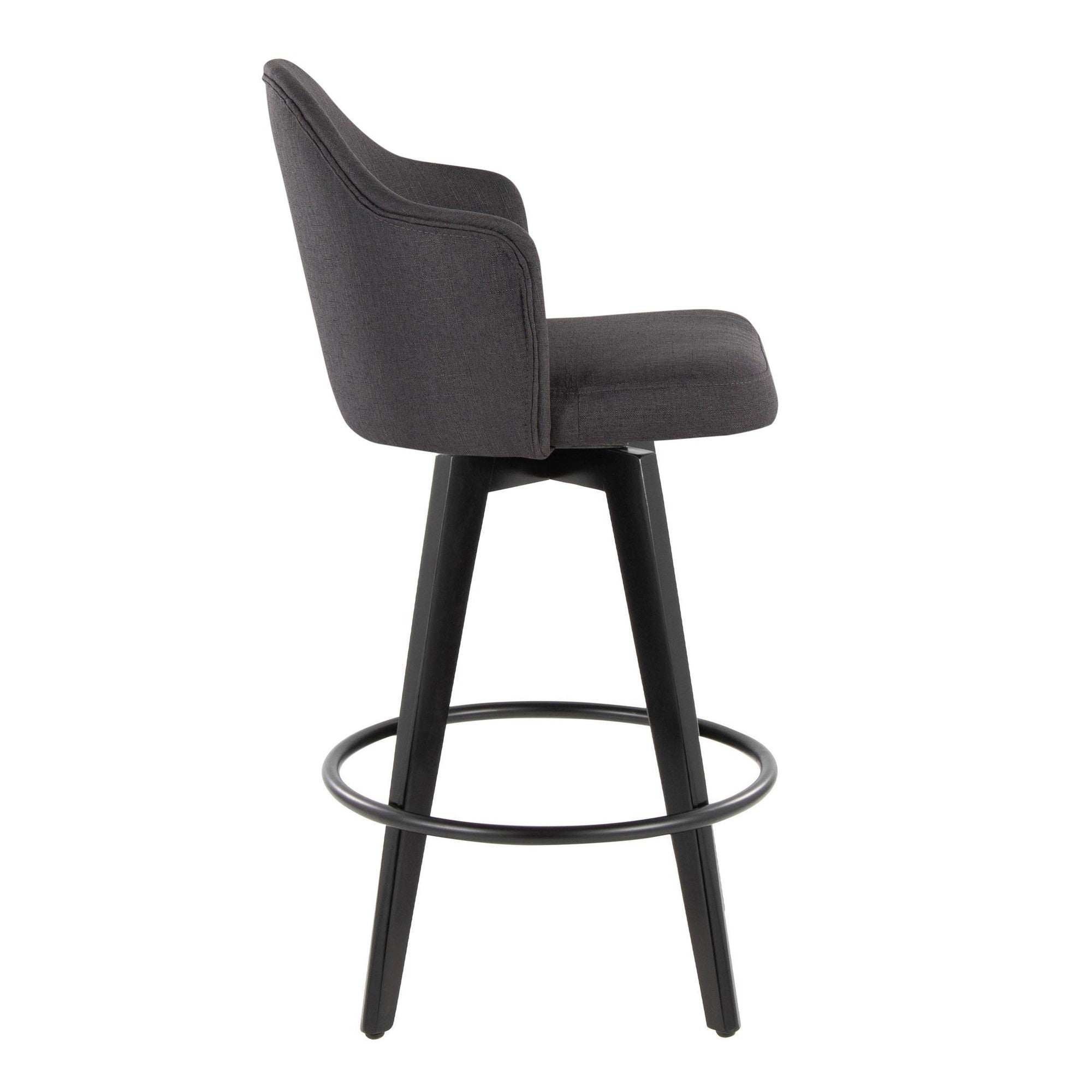 Ahoy 26" Fixed-Height Counter Stool - Set of 2 - Black Bamboo, Charcoal Fabric, Black Metal