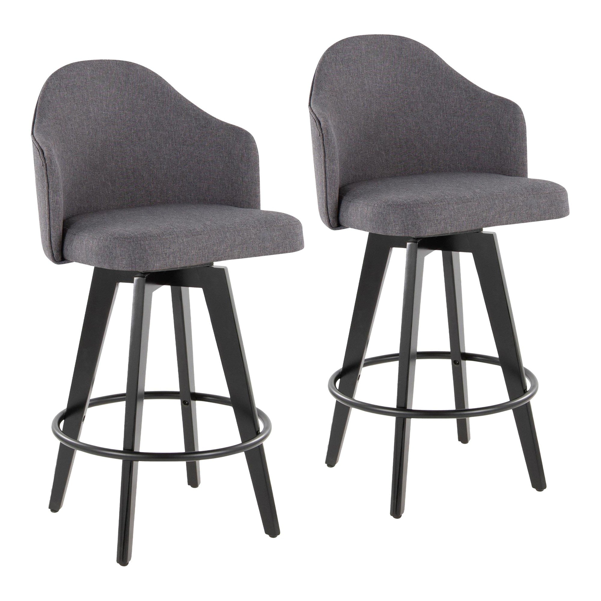 Ahoy 26" Fixed-Height Counter Stool - Set of 2 - Black Bamboo, Grey Fabric, Black Metal