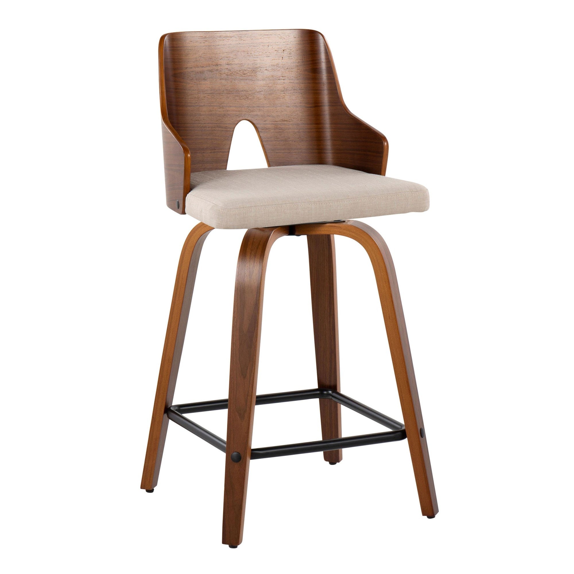 Ariana 24" Fixed-Height Counter Stool - Set of 2 - Walnut Wood, Beige Fabric, Black Metal