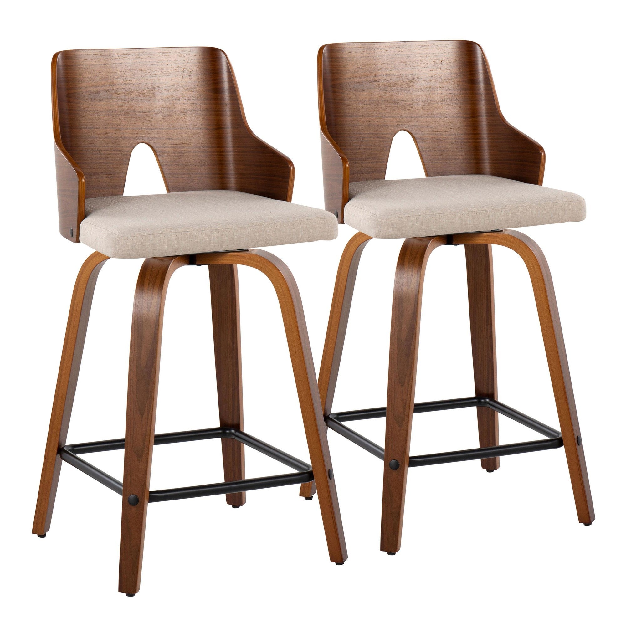 Ariana 24" Fixed-Height Counter Stool - Set of 2 - Walnut Wood, Beige Fabric, Black Metal
