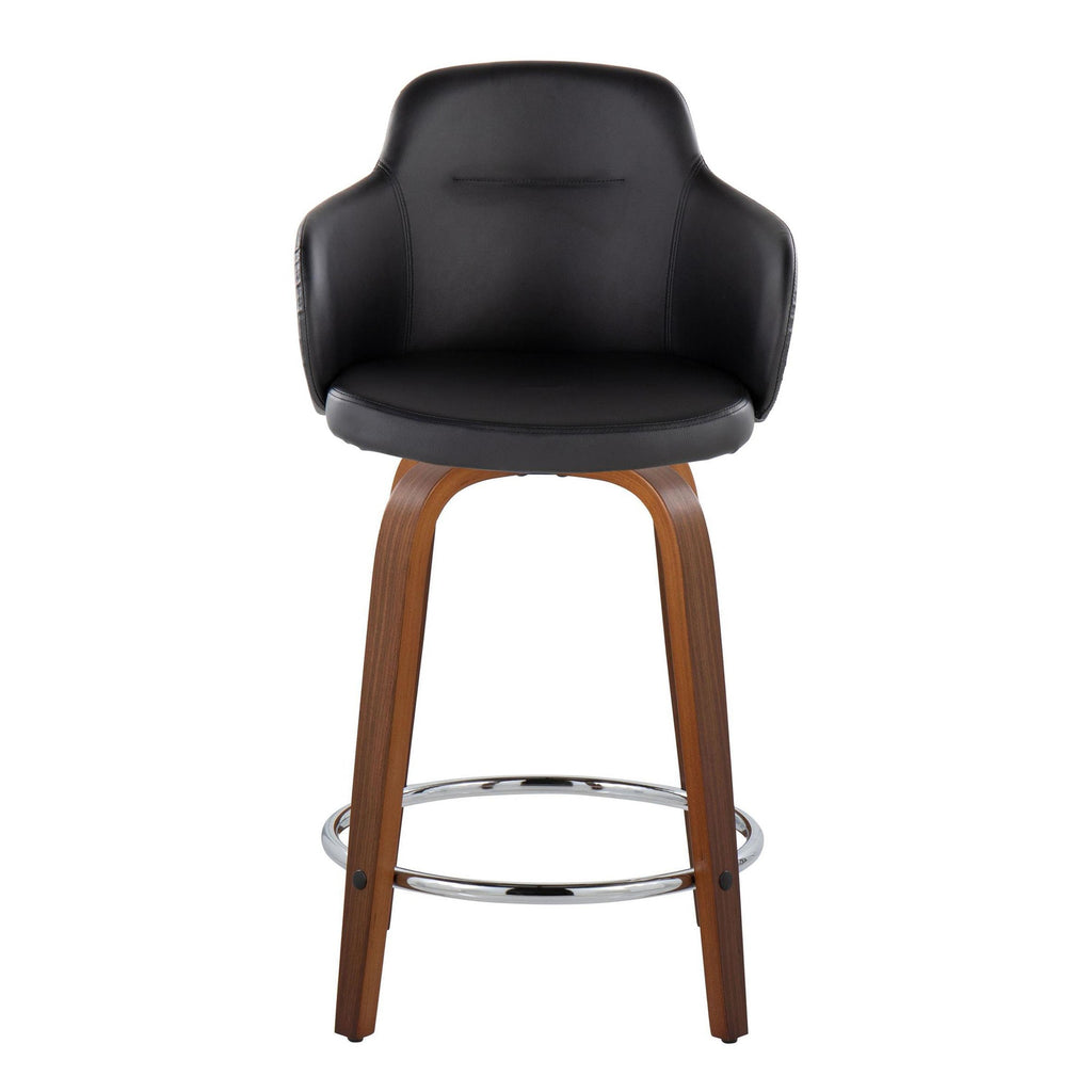 Boyne 24" Fixed-Height Counter Stool - Set of 2 - Walnut Wood, Black PU, Chrome Metal