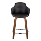 Boyne 24" Fixed-Height Counter Stool - Set of 2 - Walnut Wood, Black PU, Chrome Metal