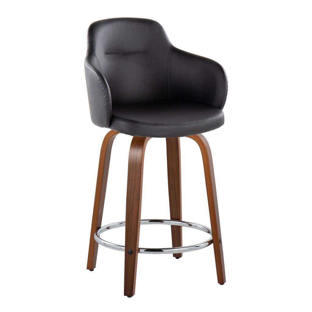 Boyne 24" Fixed-Height Counter Stool - Set of 2 - Walnut Wood, Black PU, Chrome Metal