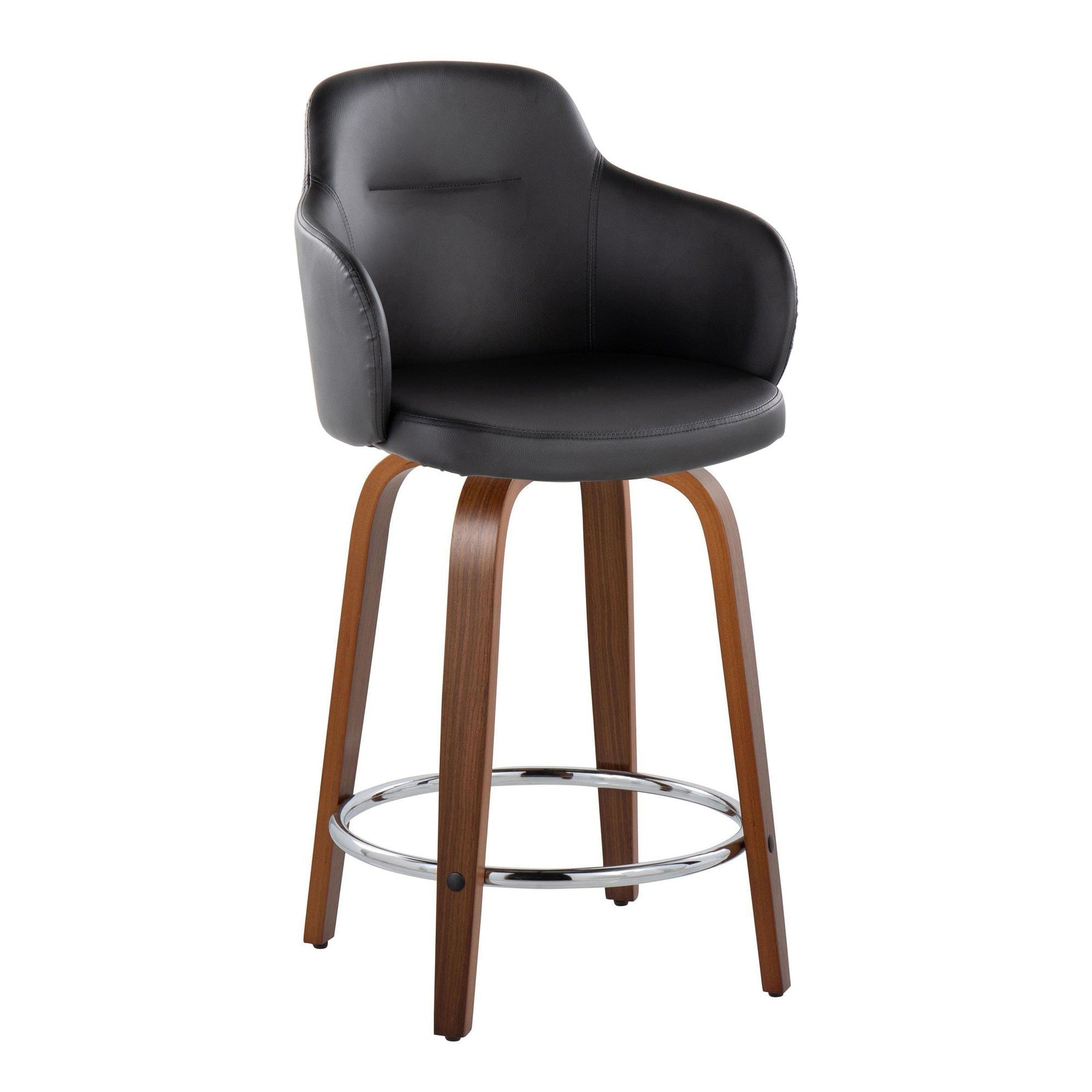 Boyne 24" Fixed-Height Counter Stool - Set of 2 - Walnut Wood, Black PU, Chrome Metal