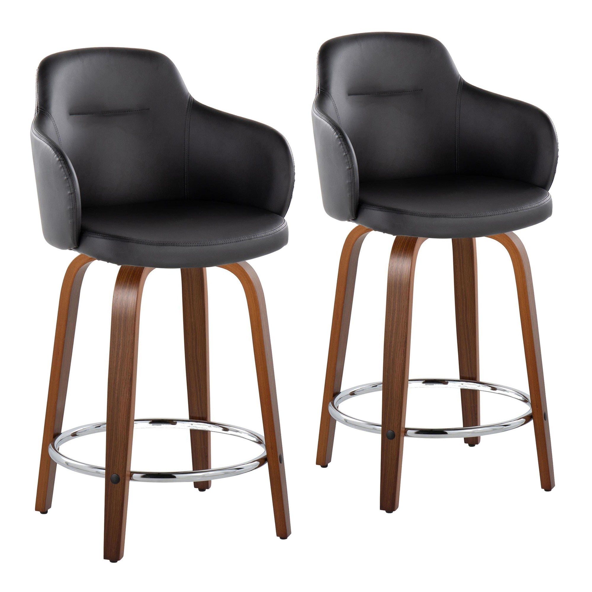 Boyne 24" Fixed-Height Counter Stool - Set of 2 - Walnut Wood, Black PU, Chrome Metal