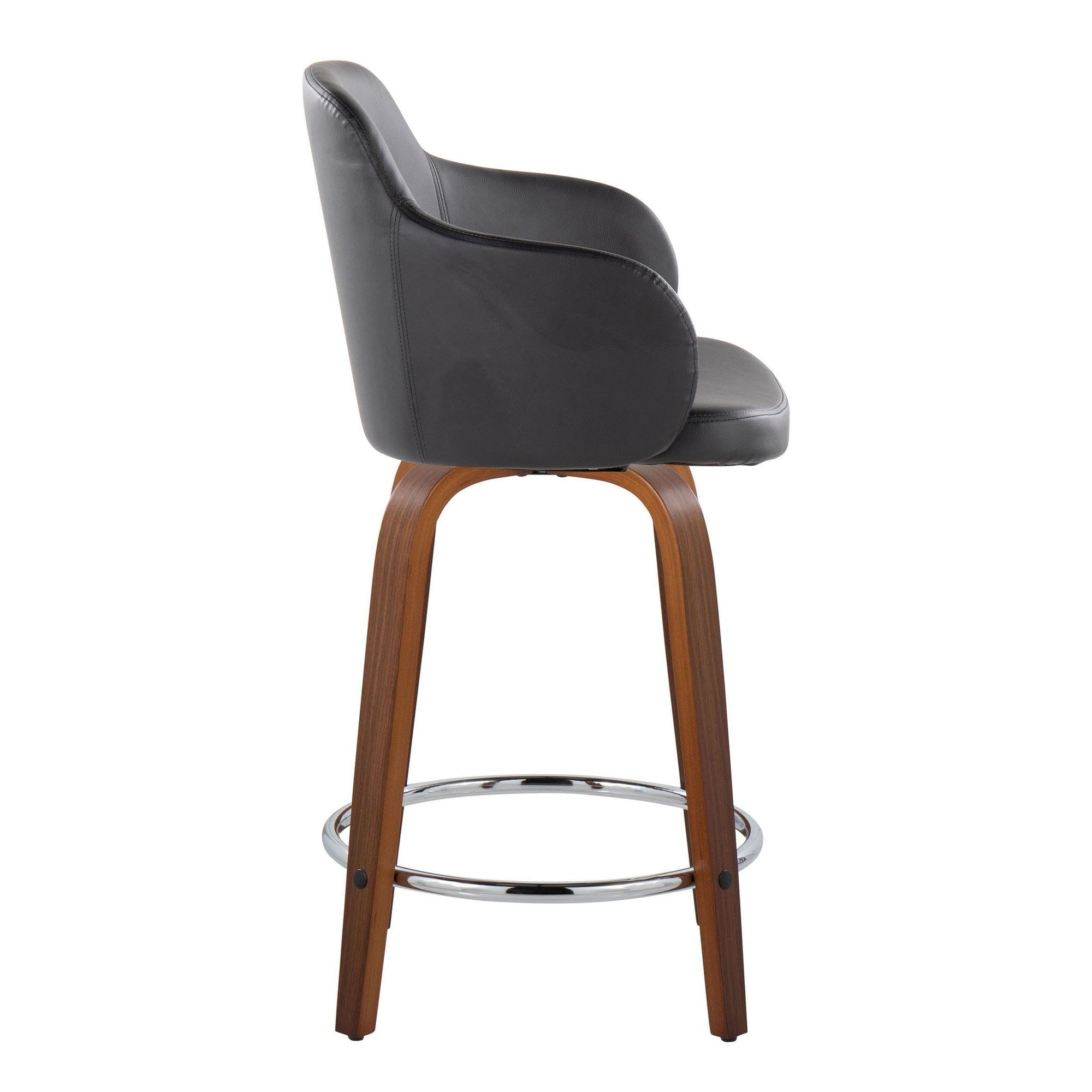 Boyne 24" Fixed-Height Counter Stool - Set of 2 - Walnut Wood, Black PU, Chrome Metal