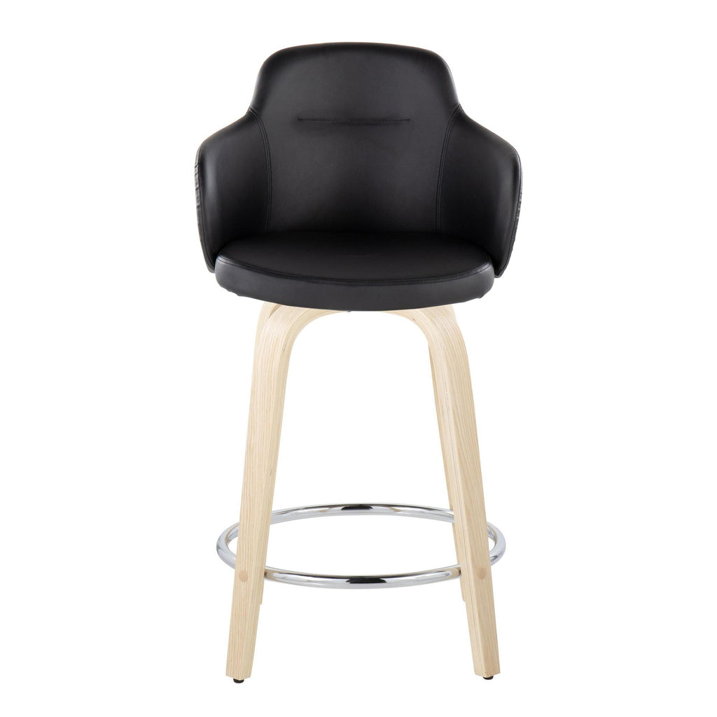 Boyne 24" Fixed-Height Counter Stool - Set of 2 - Natural Wood, Black PU, Chrome Metal