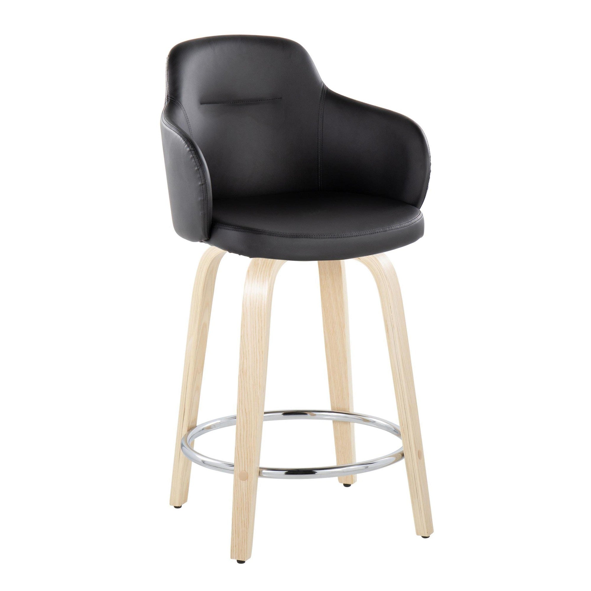 Boyne 24" Fixed-Height Counter Stool - Set of 2 - Natural Wood, Black PU, Chrome Metal
