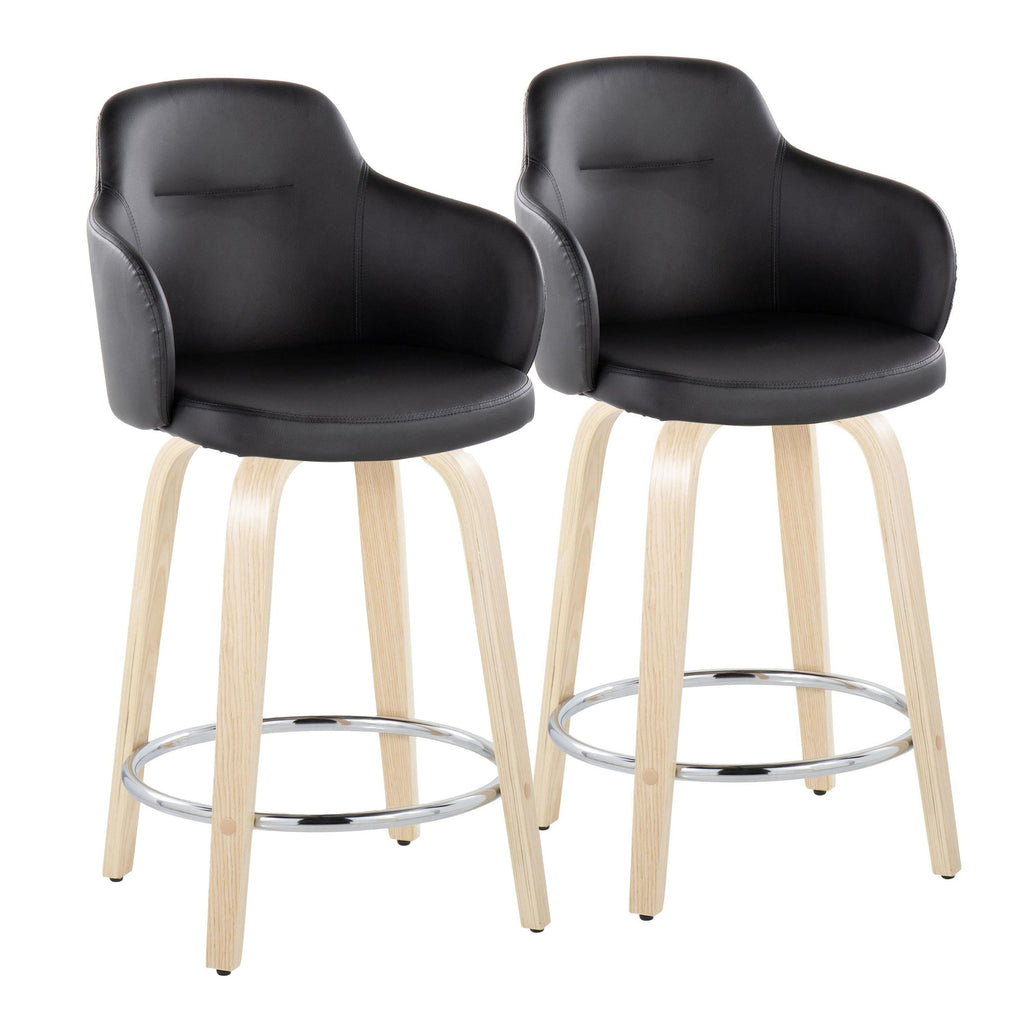 Boyne 24" Fixed-Height Counter Stool - Set of 2 - Natural Wood, Black PU, Chrome Metal
