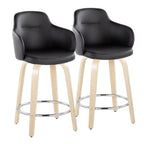 Boyne 24" Fixed-Height Counter Stool - Set of 2 - Natural Wood, Black PU, Chrome Metal