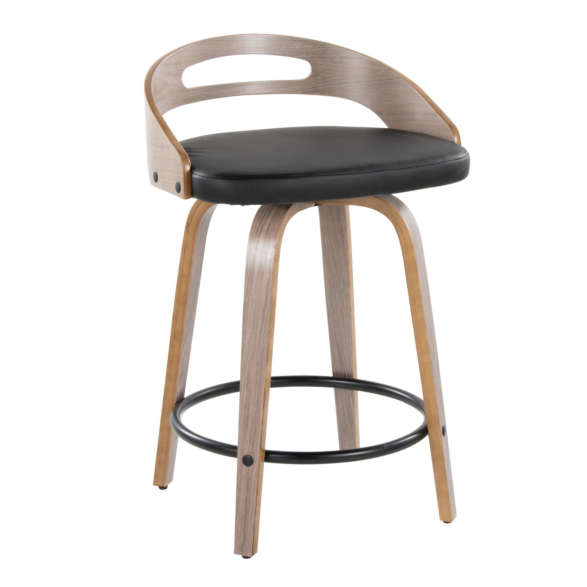 Cassis 24" Fixed-Height Counter Stool - Set of 2 - Light Grey Wood, Black PU, Black Metal