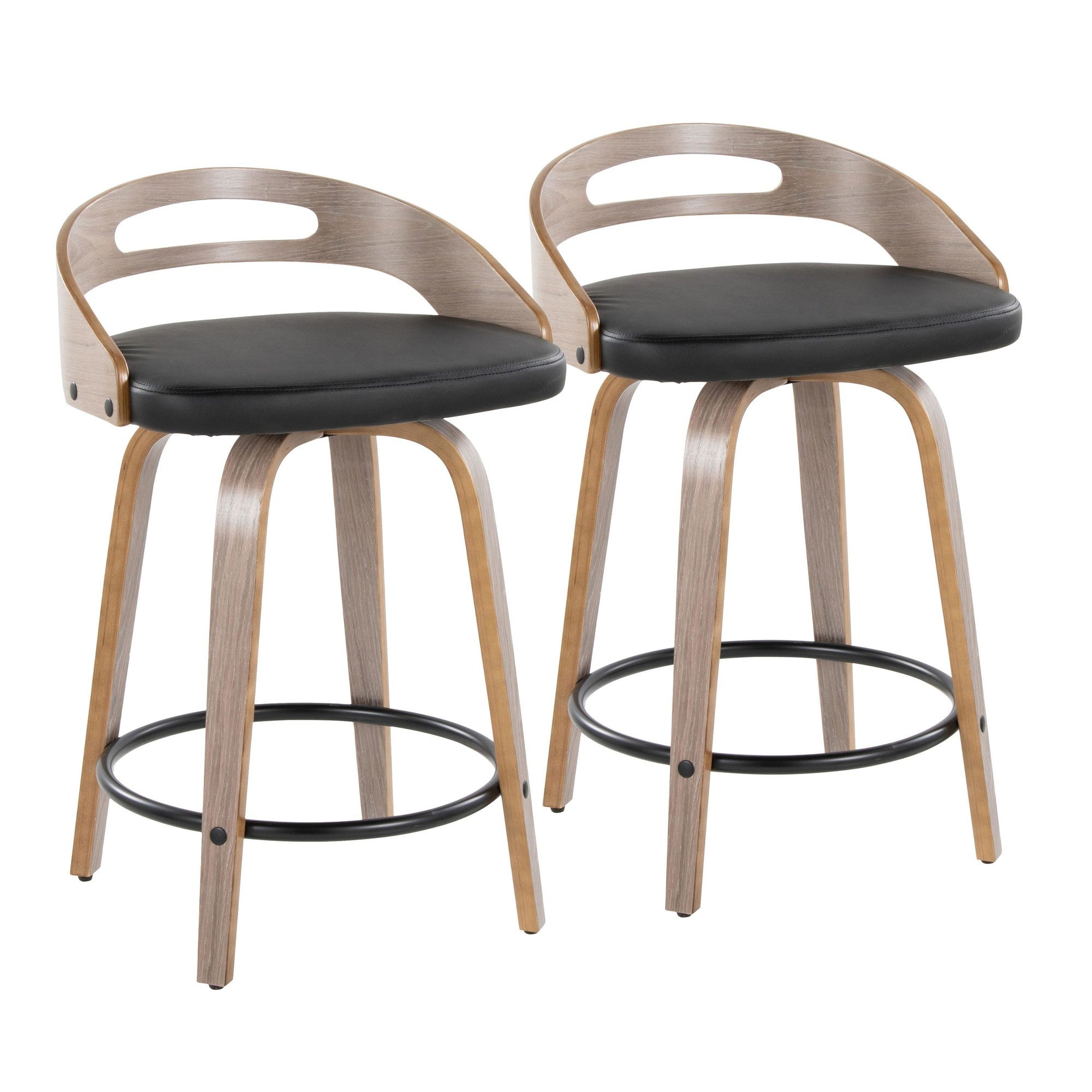 Cassis 24" Fixed-Height Counter Stool - Set of 2 - Light Grey Wood, Black PU, Black Metal