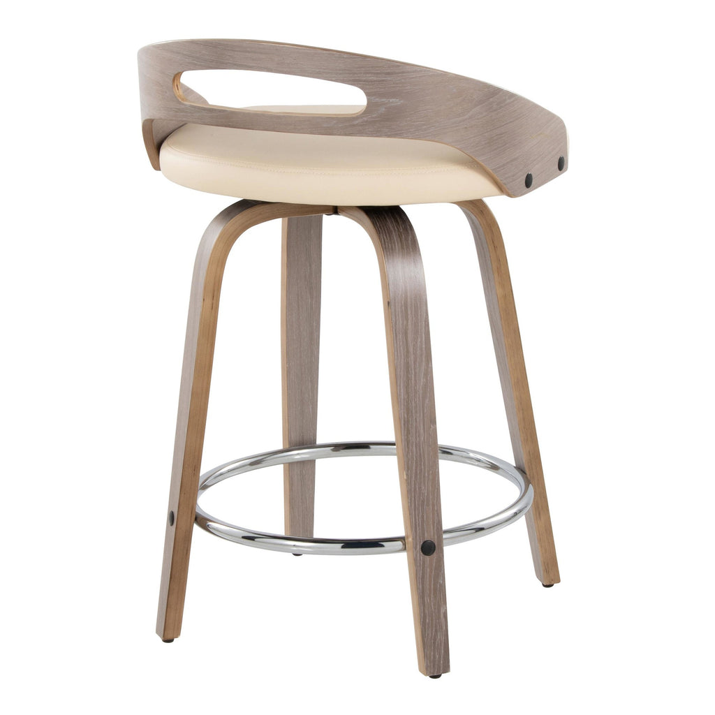 Cassis 24" Fixed-Height Counter Stool - Set of 2 - Light Grey Wood, Cream PU, Chrome Metal